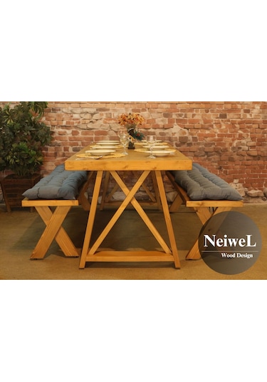 Neiwel Kues Doğal Ahşap Banklı Yemek Masası Takımı-80-160 Takım Açık Ceviz