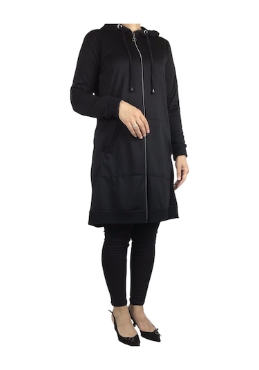 Kadın Kapşonlu Önü Fermuarlı Kanguru Cepli Kristal Kumaş Ceket Siyah