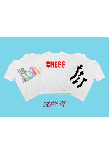 Bumeta Satranç Şah Mat Chess Baskılı Çocuk Tişört 3 Lü Set Beyaz