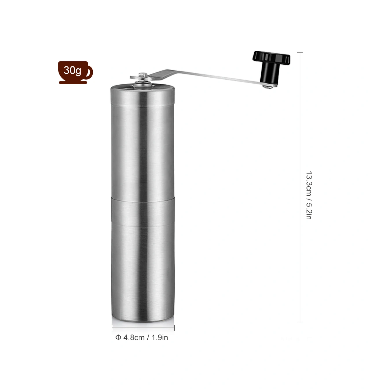 Xindoker El Fırçalı 304 Çelik Kahve Değirmeni, Ev Kullanıma Uygun, Taşınabilir, Ayarlandırabilir Tane, 30g Kapasite, Gümüş