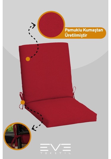 Eve Tekstil Bahçe - Salon - Balkon Arkalıklı Fermuarlı Bağlanabilir Yıkanabilir Sandalye Minderi 10 Adet Kırmızı