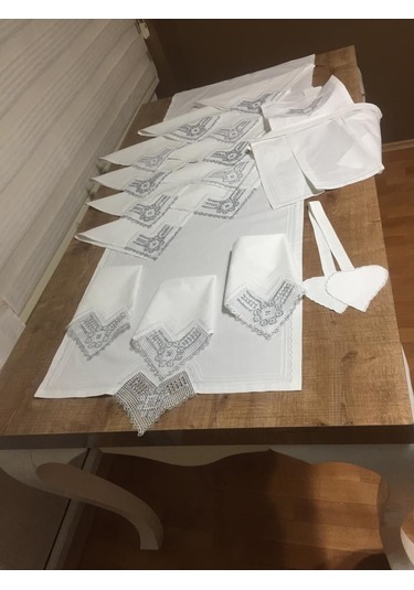 Finezza Batik Gümüş Dantelli Pamuk Kumaş Beyaz Mutfak Takımı 17 P