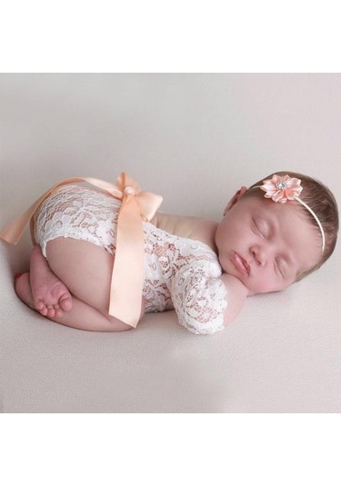 Bej Yenidoğan Bebek Kız Ilmek Yumuşak Dantel Romper Çiçek Kafa Bandı Fotoğraf Sahne Bej