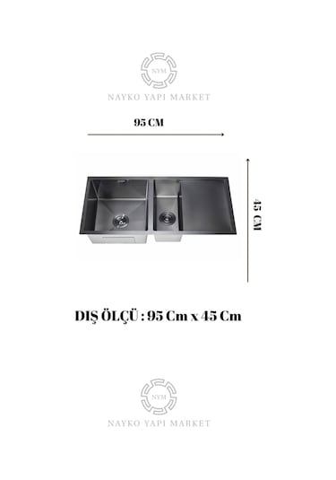 Özlem Serisi %100 Krom 95x45 İki Göz Paslanmaz Mutfak Eviyesi, Mutfak Lavabosu Sifon Dahil Siyah