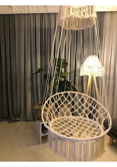 Yılbaşı Makrome Özel Örgü Halatlı Salıncak Hamak Pamuk Ip Ekru