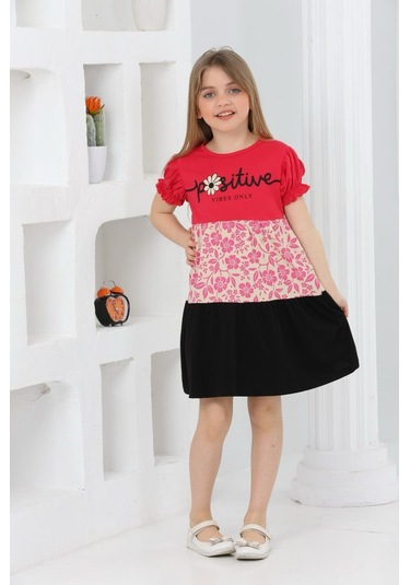 Çiçek Baskılı Kız Çocuk Yazlık Elbise-4786-kırmızı Kırmızı