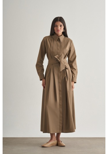 Mizalle Premium Saf Pamuk Mocha Rengi Piliseli Uzun Elbise Çok Renkli