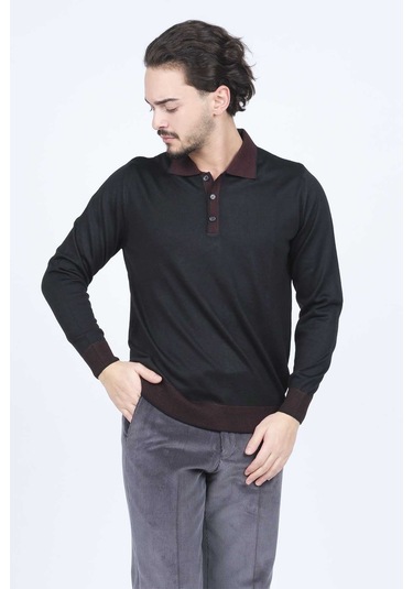 Ateş Triko Erkek Polo Yaka Yün Kazak 6091903 Siyah Siyah