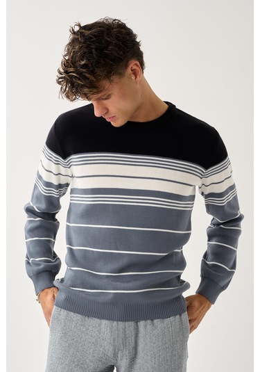 Çizgili Erkek Kazak Gri