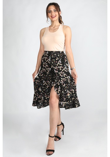 Kadın Çiçekli Viskon Etek Çiçekli Siyah