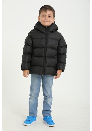 Freemen Erkek Çocuk Siyah Polarlı Kürklü Kapüşonlu Su Geçirmez Rüzgara Dayanıklı Şişme Kışlık Mont Siyah