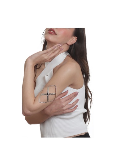 Labalaba Kadın Lak Gümüş Kaplama Siyah Doğaltaşlı Ayarlanabilir Pazu Bandı, Üst Kol Aksesuarı Gümüş