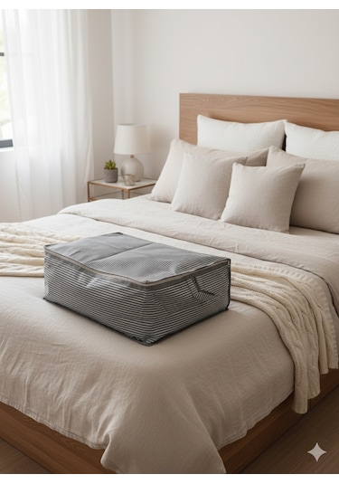 6'lı Gri Çizgili Büyük Baza Altı & Çekyat Tipi Tela Hurç 65x45x22 Cm Fermuarlı Saklama Ve Düzenleme Hurcu Gri