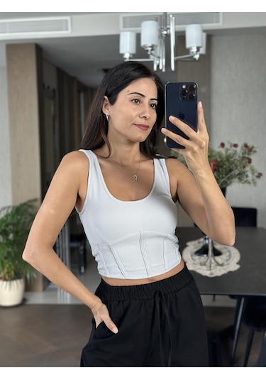 Forlady Gri U Yaka Önü Biyeli Kadın Crop - Gri