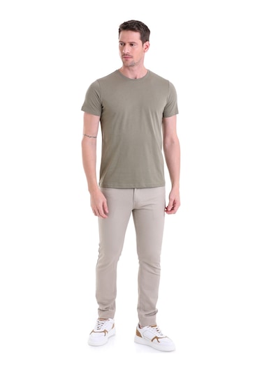 Hatemoğlu Regular Fit Pamuk Bisiklet Yaka Düz Erkek Tişört Açık Haki