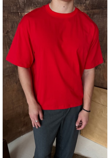 Hyman Erkek %100 Pamuk Oversize Basic T-shirt Kırmızı