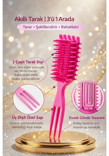 Yurısh Akıllı Fırça 3 İn 1 Kıvırcık Saç Belirginleştirici Bukle Tarağı Pembe