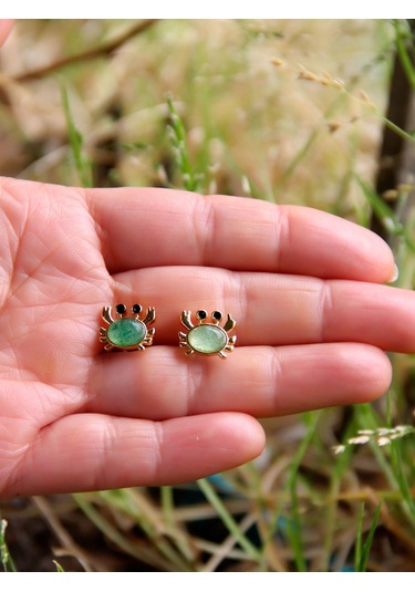 Esha Store Doğal Taş Yeşil Akik Doğal Taşlı Yengeç Altın Kaplama Kadın Küpe Euk21ya Yeşil