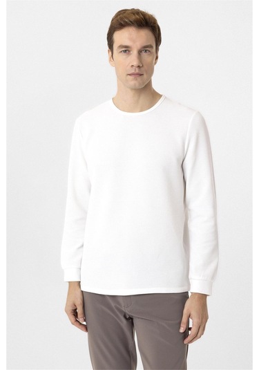 SÜVARİ Beyaz Slim Fit Armürlü Bisiklet Yaka Triko Kazak Beyaz