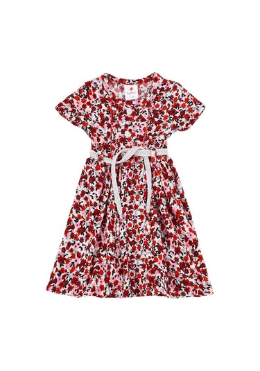 Çiçek Desenli Kemerli Kız Bebek Elbise Kırmızı Bipamuk 001