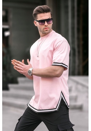 Madmext Toz Pembe Bisiklet Yaka Şeritli Tişört 6097-toz Pembe Toz Pembe