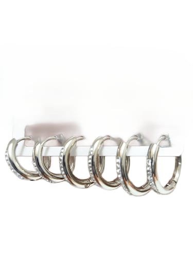 Çelik Küpe 3'lü Zirkon Taşlı Halka Model 1-2 Mm Kaliteli Çelik Gümüş Silver Gümüş
