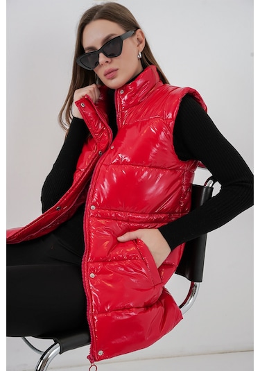 Kadın Parlak Şişme Yelek 5218 - Kırmızı Kırmızı