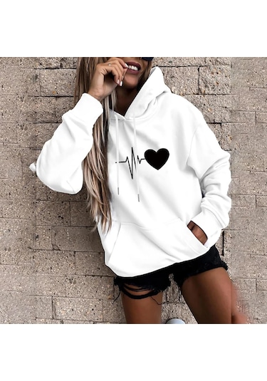 Beyaz Fo Kadın Moda Rahat Eğlenceli Baskı Kapşonlu Kazak Gevşek Spor Üstleri Kazak Beyaz