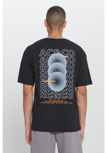 AC&Co / Altınyıldız Classics Erkek Sıyah Loose Fit Bol Kesim %100 Pamuk Baskılı Bisiklet Yaka Tişört Siyah