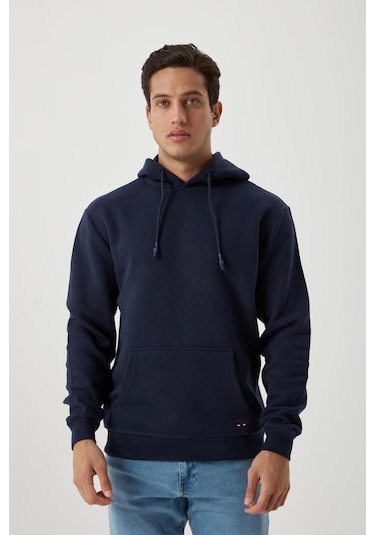 Erkek Kapüşonlu Kanguru Cep 3 İplik Sweatshirt Lacivert
