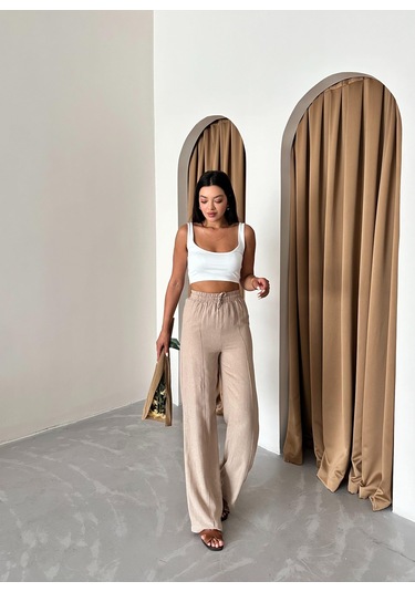 Vizon %100 Keten Palazzo Pantolon Vizon