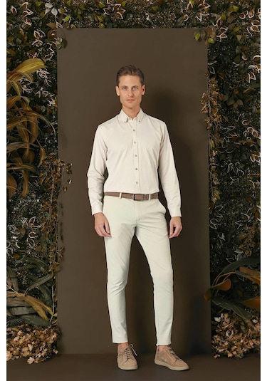 Efor Gk 711 Slim Fit Bej Klasik Gömlek Bej