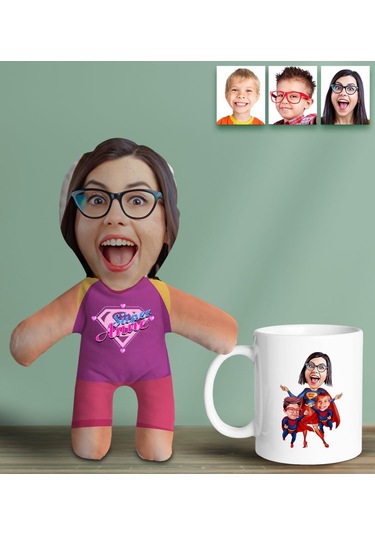 Bk Gift Kişiye Özel Fotoğraflı Pembe Süper Anne Bebek Yastık Ve Kupa Bardak Hediye Seti-3, Anneye Hediye, Anneler Günü Hediyeleri Kobitmeyencom30628 B