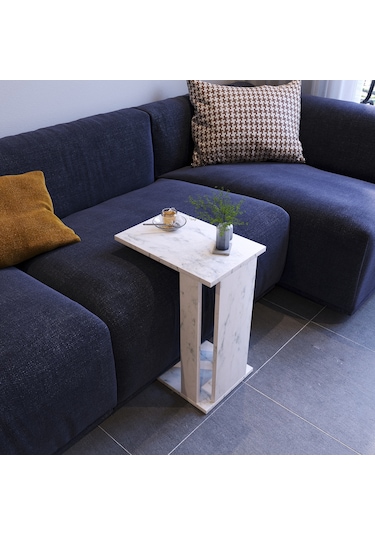 Pasific Home Single Çok Amaçlı Tekerlekli C Sehpa ,Koltuk Sehpası - Beyaz Mermer