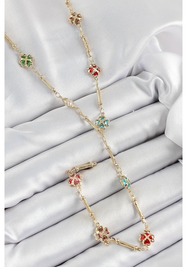 Pirinç Asorti Kalpli Yonca Model Gold Renk Zirkon Taşlı Y Kolye Çok Renkli