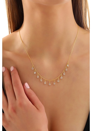 925 Ayar Gümüş Ful Damla Zirkon Taş Sallantılı Kolye Altın