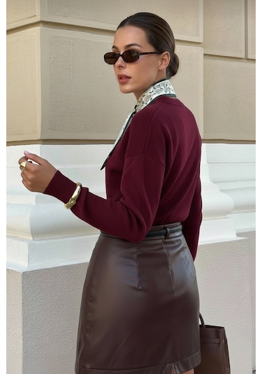 Newco Fularlı Biskilet Yaka Regular Triko Kazak Bordo