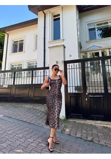 Kadın Dalgıç Kumaş Dijital Leopar Baskılı Midi Boy Elbise Çok renkli