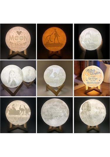 Sones Özelleştirilmiş Dokunmatik Anahtar 2 Renkli 3d Baskı Ay Lambası Usb Şarjı Ahşap Tutucu Tabanlı Enerji Tasarruflu Led Gece Lambası, Çap: 18cm Çok Renkli