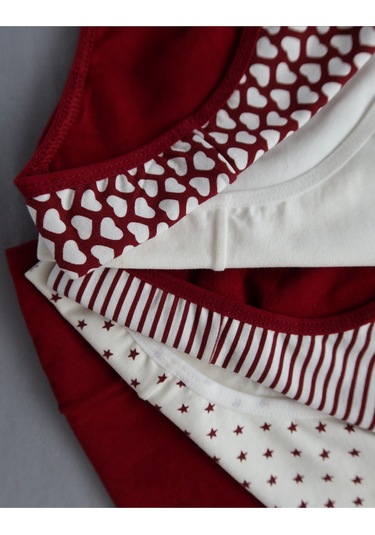 Alya Underwear Kız Çocuk Kalpli Dokuma Lastik Pamuklu Kumaş Slip Külot 5'li Paket 5 Adet Beyaz Bordo P27