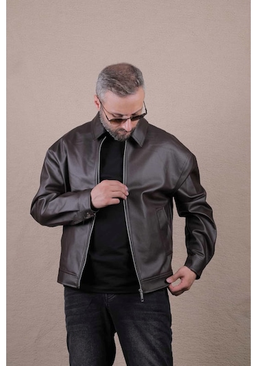 Ohepmoda Oversize Rahat Kalıp Düz Erkek Deri Ceket Kahverengi