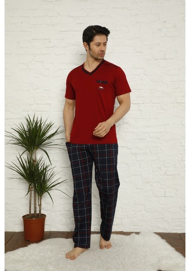 Erkek V Yaka Ekose Desen %100 Pamuk Kısa Kol Cepli Pijama Takımı Bordo