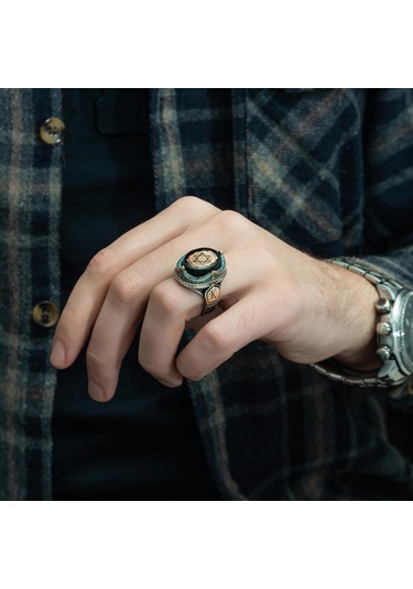 Alyans Evim  Mührü  Süleyman İşleme Sıkma Kehribar Taşlı 925 Gümüş Erkek Yüzük