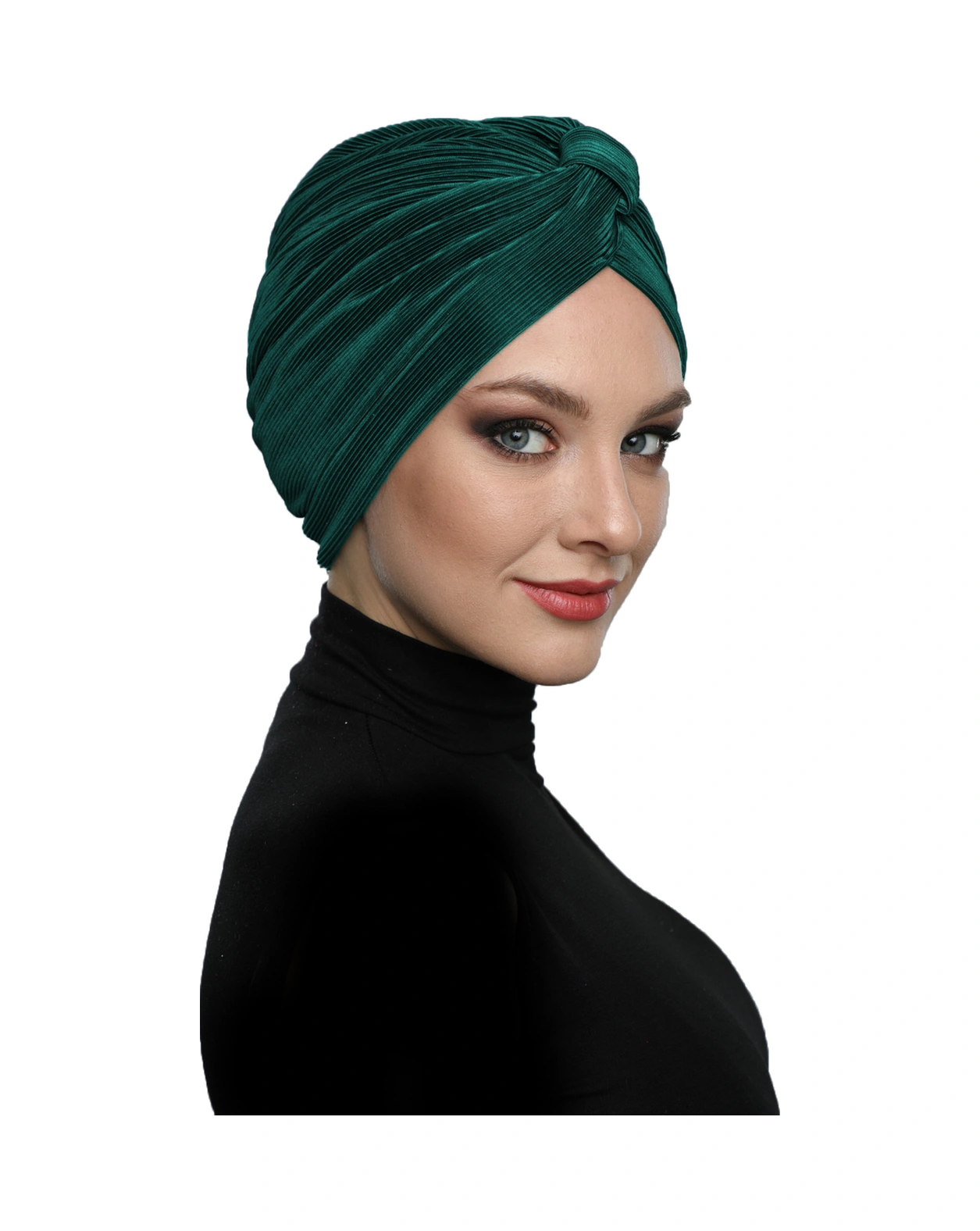 Çapraz Plise Bantlı Astarlı Yeşil Hazır Türban Tesettür Havuz Bonesi Hürrem