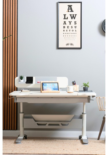 Sirius Standart Yükseklik Ve Eğim Ayarlı Çekmeceli Bilgisayar, Ofis Ve Çalışma Masası Ekru Gri Gri