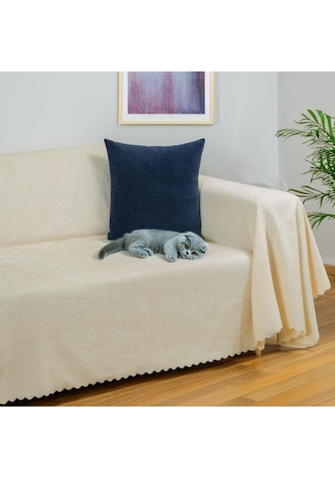 Jakarlı Şönil Koltuk Örtüsü Çekyat Örtüsü Koltuk Şalı 175x350 Kaymaz Ekru Ekru