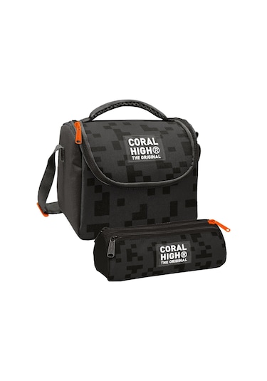 Coral High Erkek Çocuk Siyah Blok Desenli Thermo Beslenme Çantası Ve Üç Bölmeli Kalem Çantası Seti Siyah - Gri
