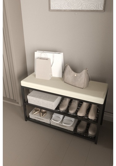 Aju Ayakkabılık Puflu Süngerli Oturaklı Metal Ayakkabı Rafı Modern Vestiyer Baklavalı Metal Tasarım Benc Krem