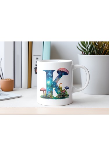 K Baş Harfi Fantastik Mantarlı Kupa Bardak - Kişiye Özel Masalsı Bardak - Hediye Beyaz