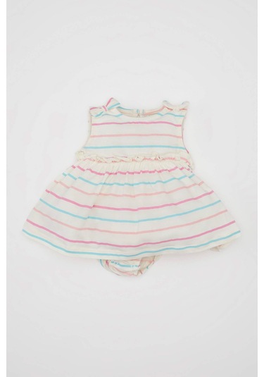 DeFacto Kız Bebek Yenidoğan Çizgili Penye Kolsuz Tulum Elbise C9583A524HSER105 Ekru